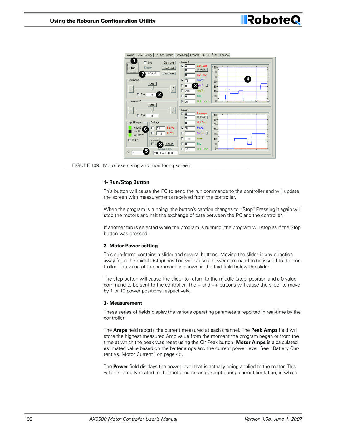 RoboteQ AX3500 user manual Using the Roborun Configuration Utility, Run/Stop Button, Motor Power setting, Measurement 