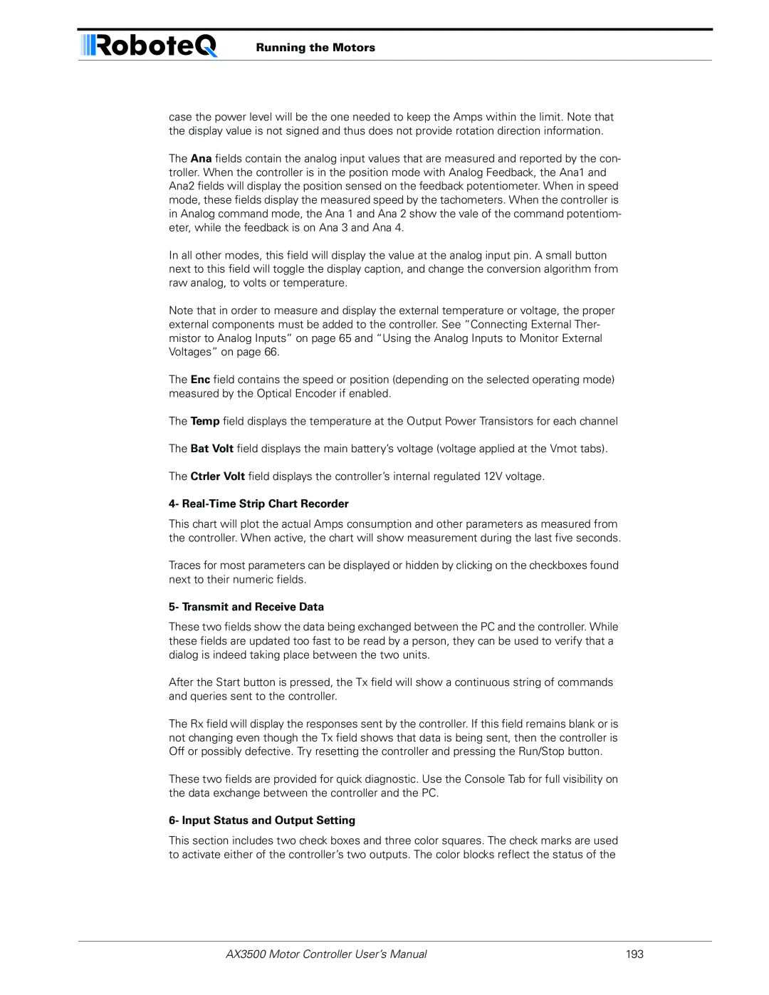 RoboteQ AX3500 user manual Running the Motors, Real-Time Strip Chart Recorder, Transmit and Receive Data 