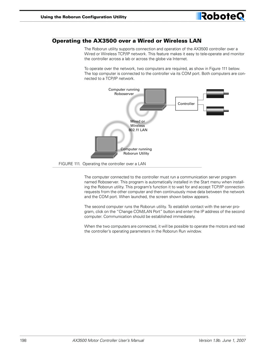RoboteQ user manual Operating the AX3500 over a Wired or Wireless LAN, Using the Roborun Configuration Utility 
