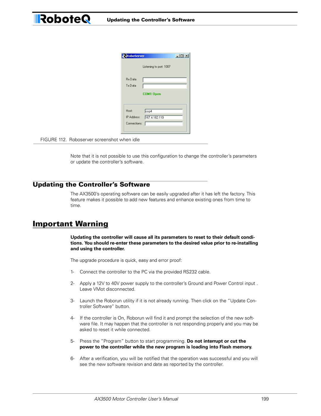 RoboteQ user manual Updating the Controller’s Software, Important Warning, AX3500 Motor Controller User’s Manual 