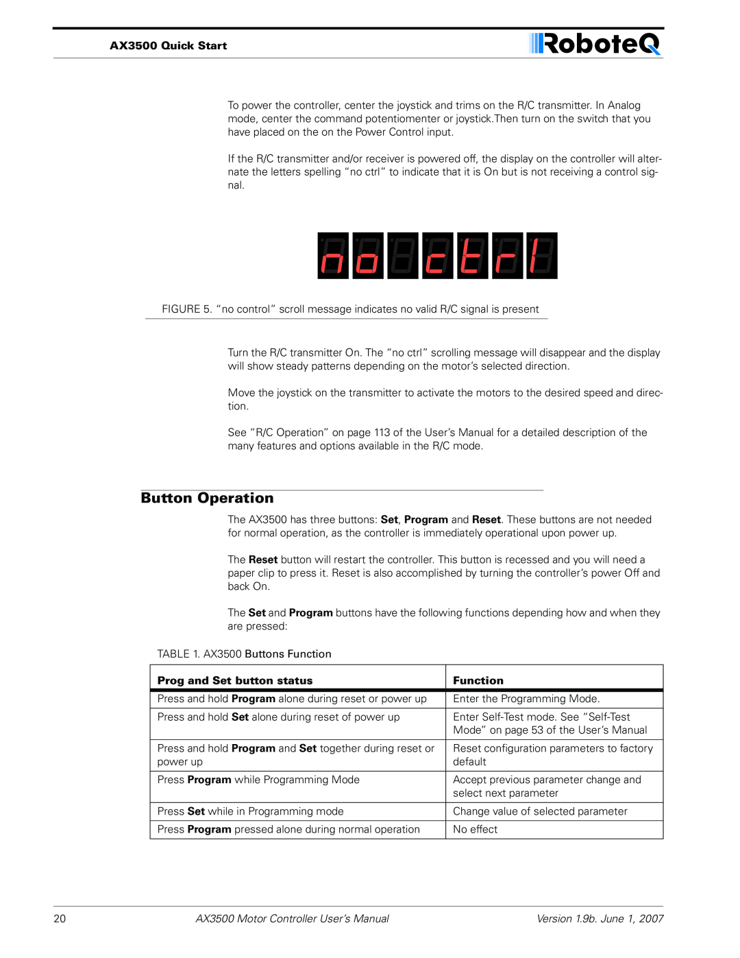 RoboteQ user manual Button Operation, AX3500 Quick Start, Prog and Set button status, Function 