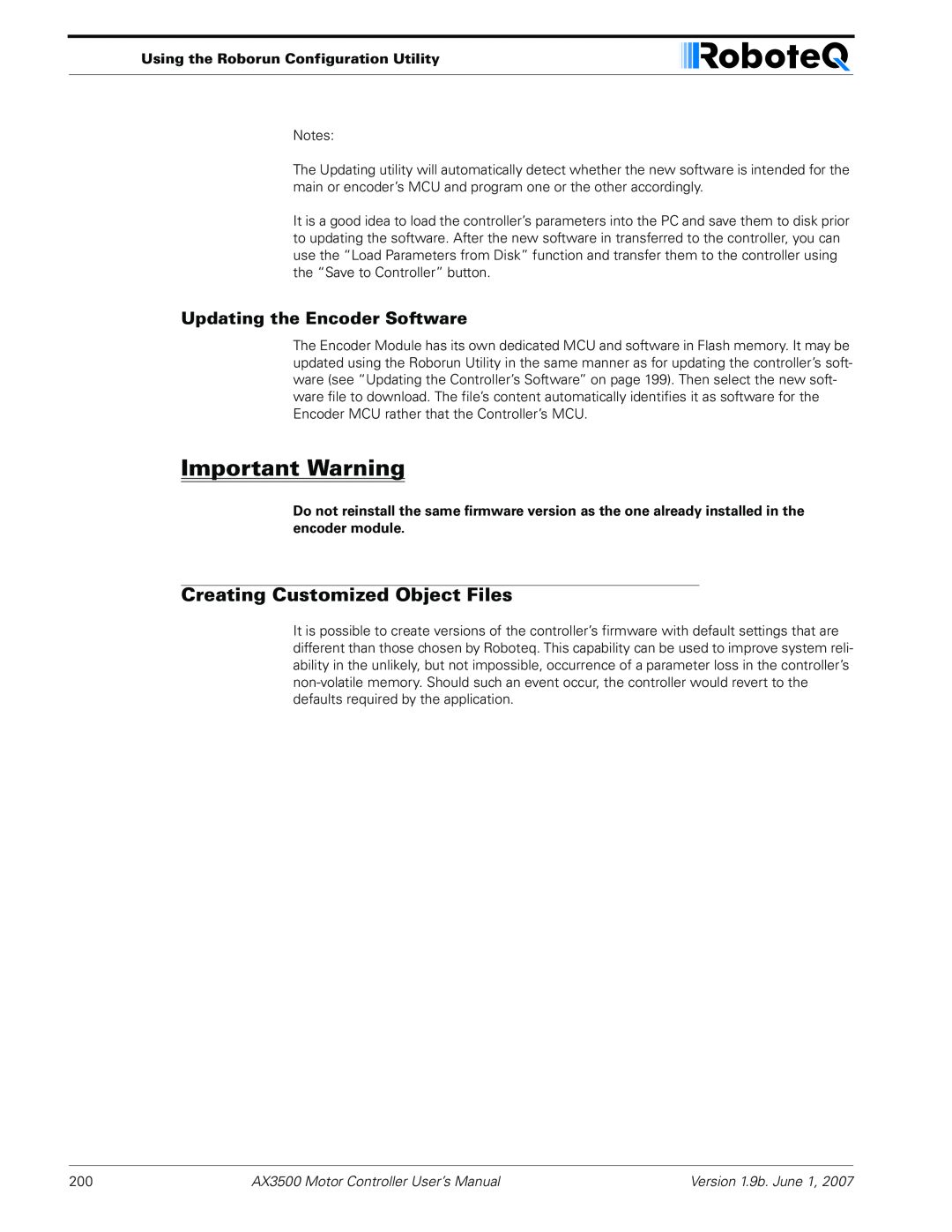 RoboteQ AX3500 user manual Creating Customized Object Files, Updating the Encoder Software, Important Warning 