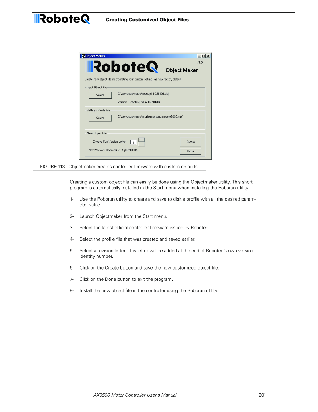 RoboteQ user manual Creating Customized Object Files, AX3500 Motor Controller User’s Manual 
