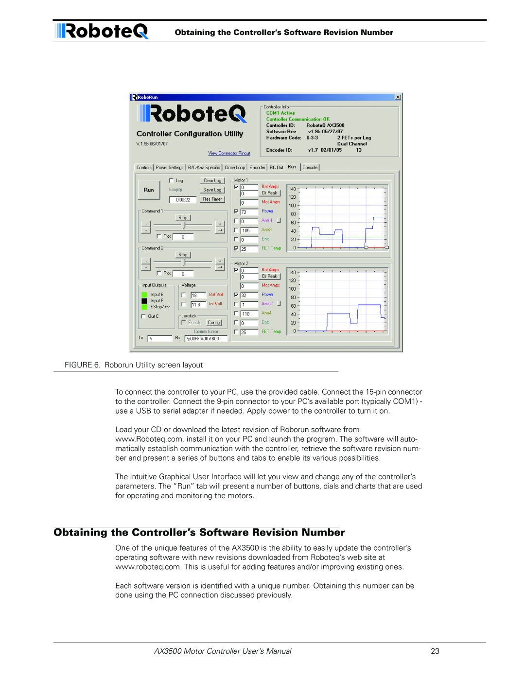 RoboteQ user manual Obtaining the Controller’s Software Revision Number, AX3500 Motor Controller User’s Manual 
