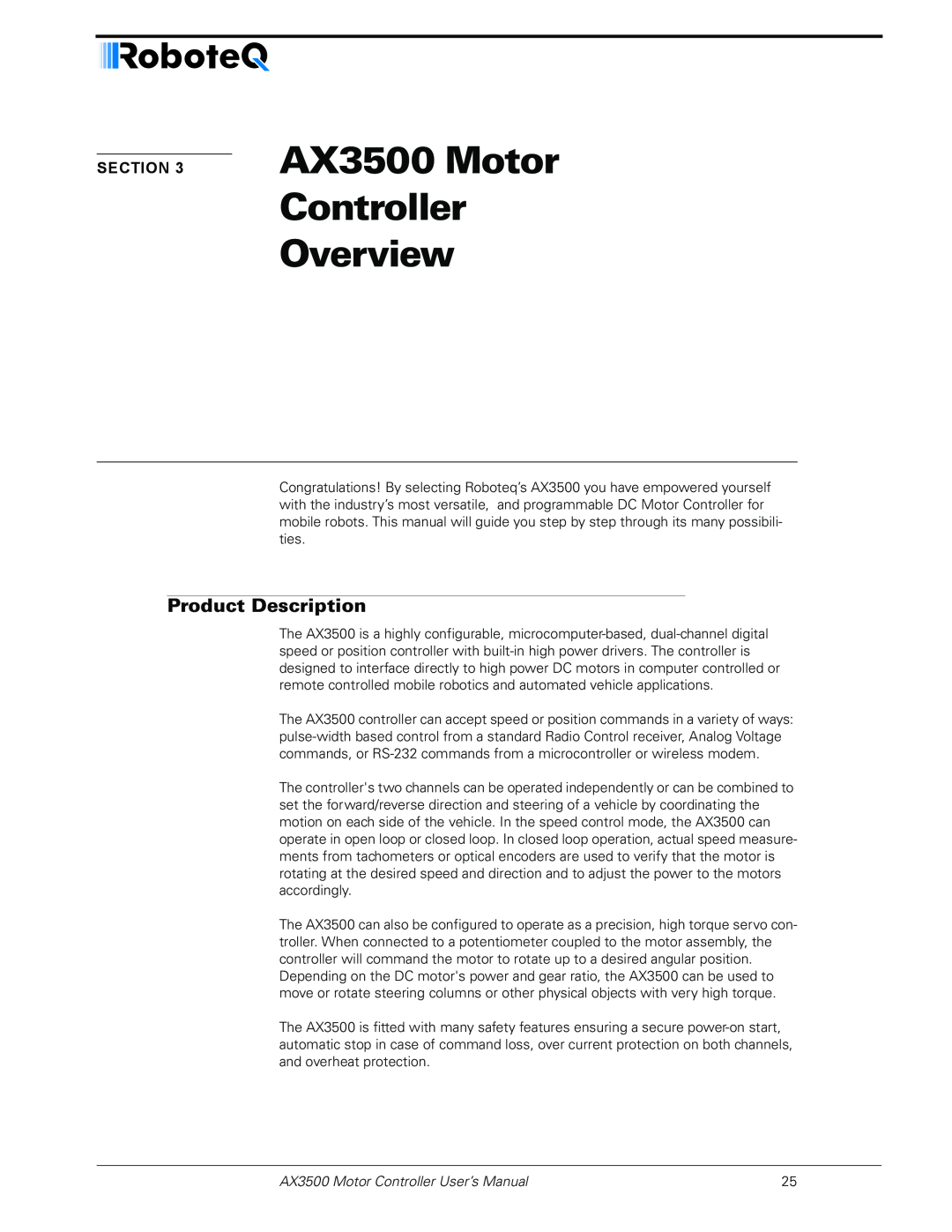 RoboteQ user manual AX3500 Motor Controller Overview, Product Description, AX3500 Motor Controller User’s Manual 