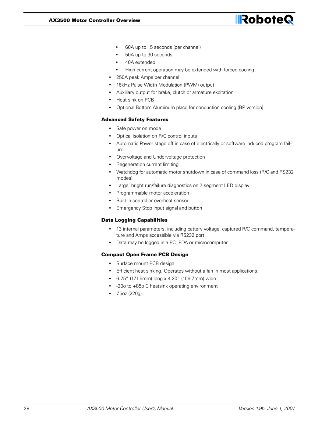 RoboteQ user manual AX3500 Motor Controller Overview, Advanced Safety Features, Data Logging Capabilities 