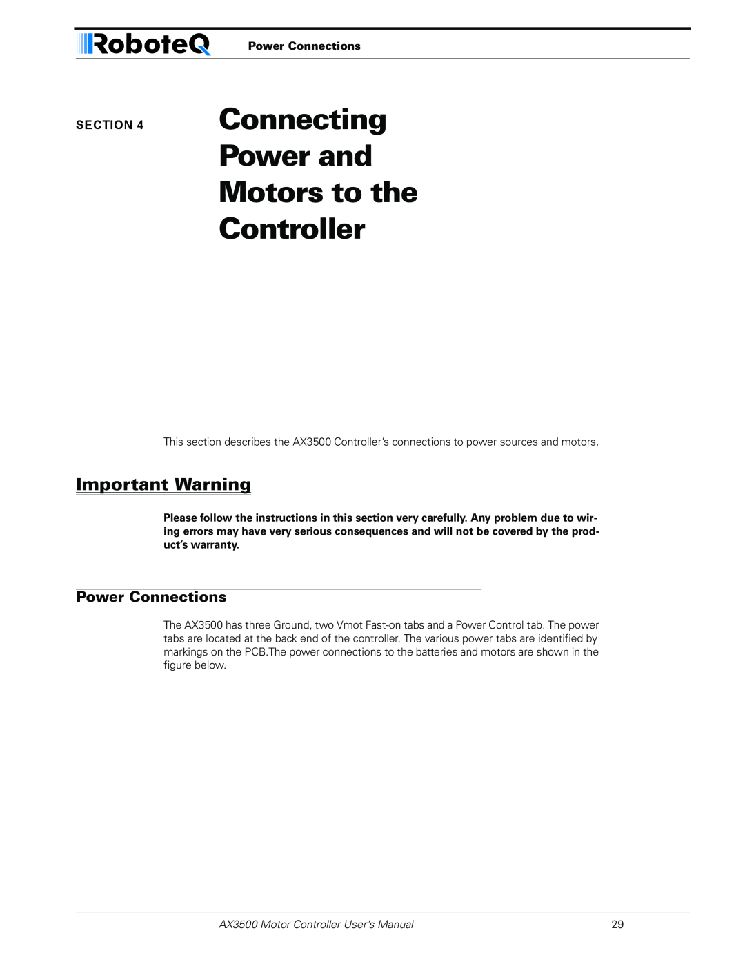 RoboteQ AX3500 user manual Connecting Power and Motors to the Controller, Power Connections, Important Warning 