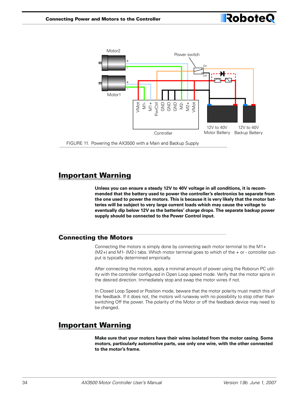 RoboteQ AX3500 user manual Connecting the Motors, Important Warning, Connecting Power and Motors to the Controller 