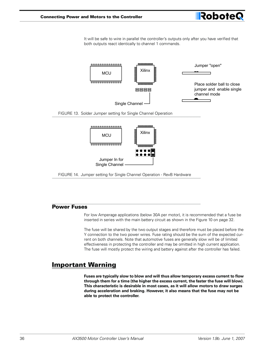 RoboteQ AX3500 user manual Power Fuses, Important Warning, Connecting Power and Motors to the Controller 