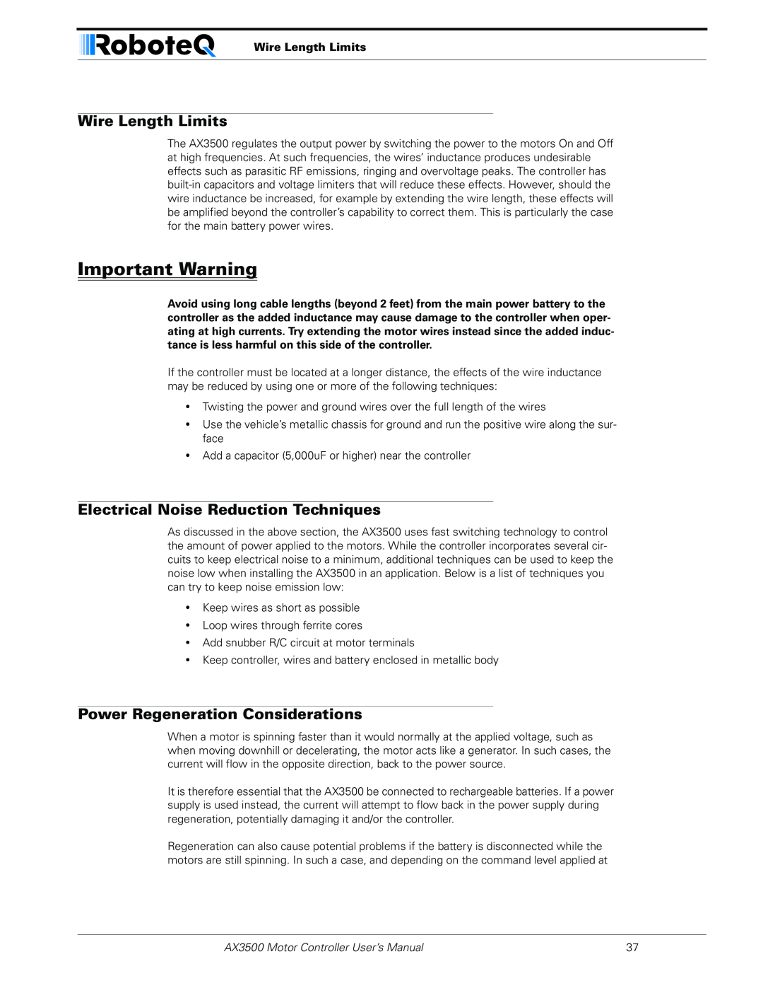 RoboteQ AX3500 user manual Wire Length Limits, Electrical Noise Reduction Techniques, Power Regeneration Considerations 