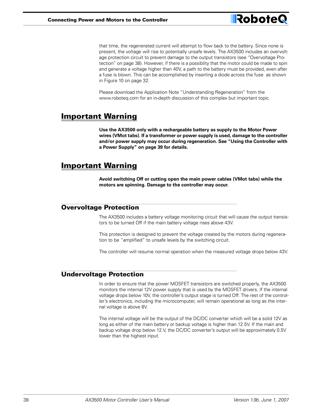 RoboteQ Overvoltage Protection, Undervoltage Protection, Important Warning, AX3500 Motor Controller User’s Manual 