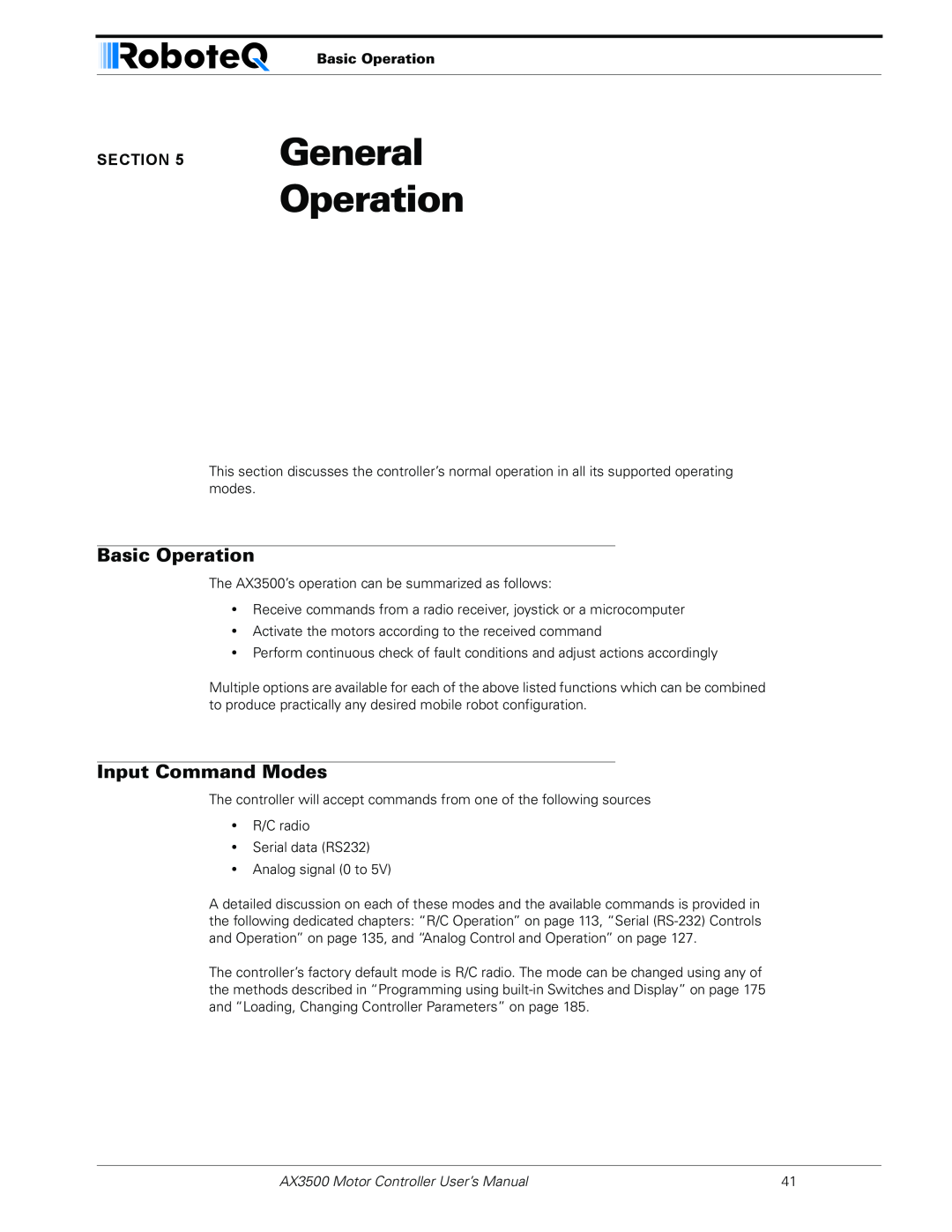 RoboteQ user manual General Operation, Basic Operation, Input Command Modes, AX3500 Motor Controller User’s Manual 