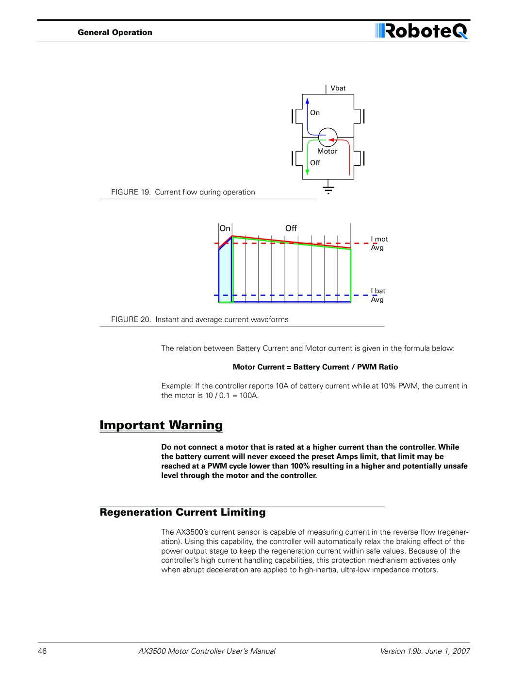 RoboteQ Regeneration Current Limiting, Important Warning, General Operation, AX3500 Motor Controller User’s Manual 