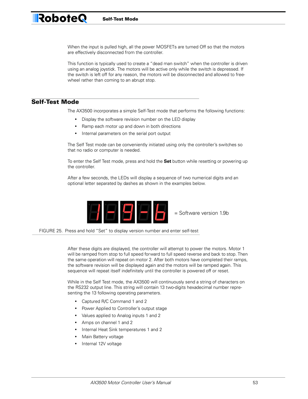 RoboteQ user manual Self-Test Mode, = Software version 1.9b, AX3500 Motor Controller User’s Manual 