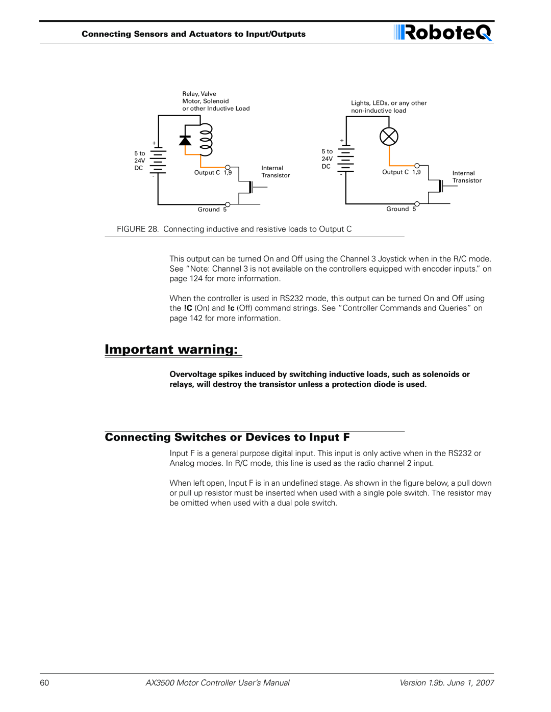 RoboteQ user manual Important warning, Connecting Switches or Devices to Input F, AX3500 Motor Controller User’s Manual 