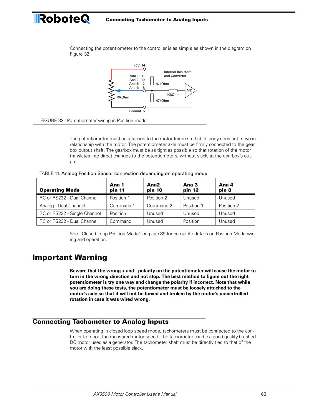 RoboteQ AX3500 user manual Connecting Tachometer to Analog Inputs, Important Warning, Ana2, Operating Mode 