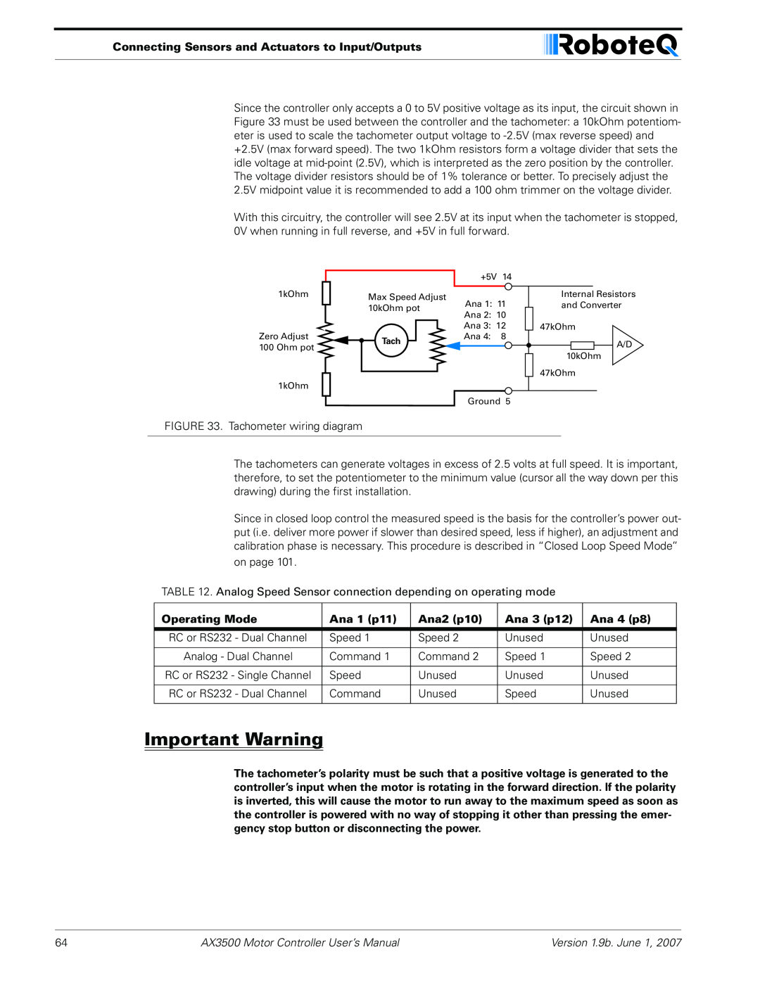 RoboteQ AX3500 Important Warning, Connecting Sensors and Actuators to Input/Outputs, Operating Mode, Ana 1 p11, Ana2 p10 