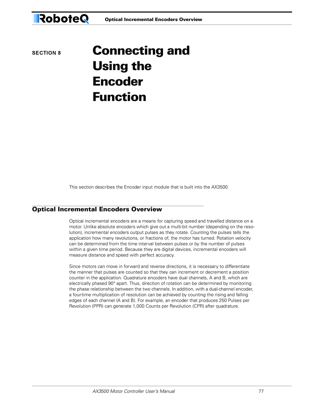 RoboteQ AX3500 user manual Connecting and Using the Encoder Function, Optical Incremental Encoders Overview 