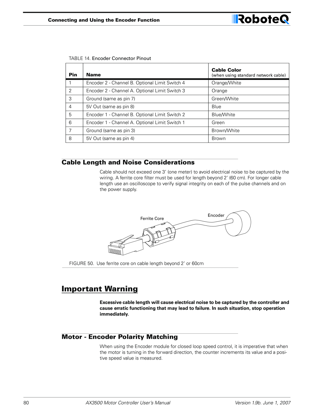 RoboteQ AX3500 Cable Length and Noise Considerations, Motor - Encoder Polarity Matching, Important Warning, Name 