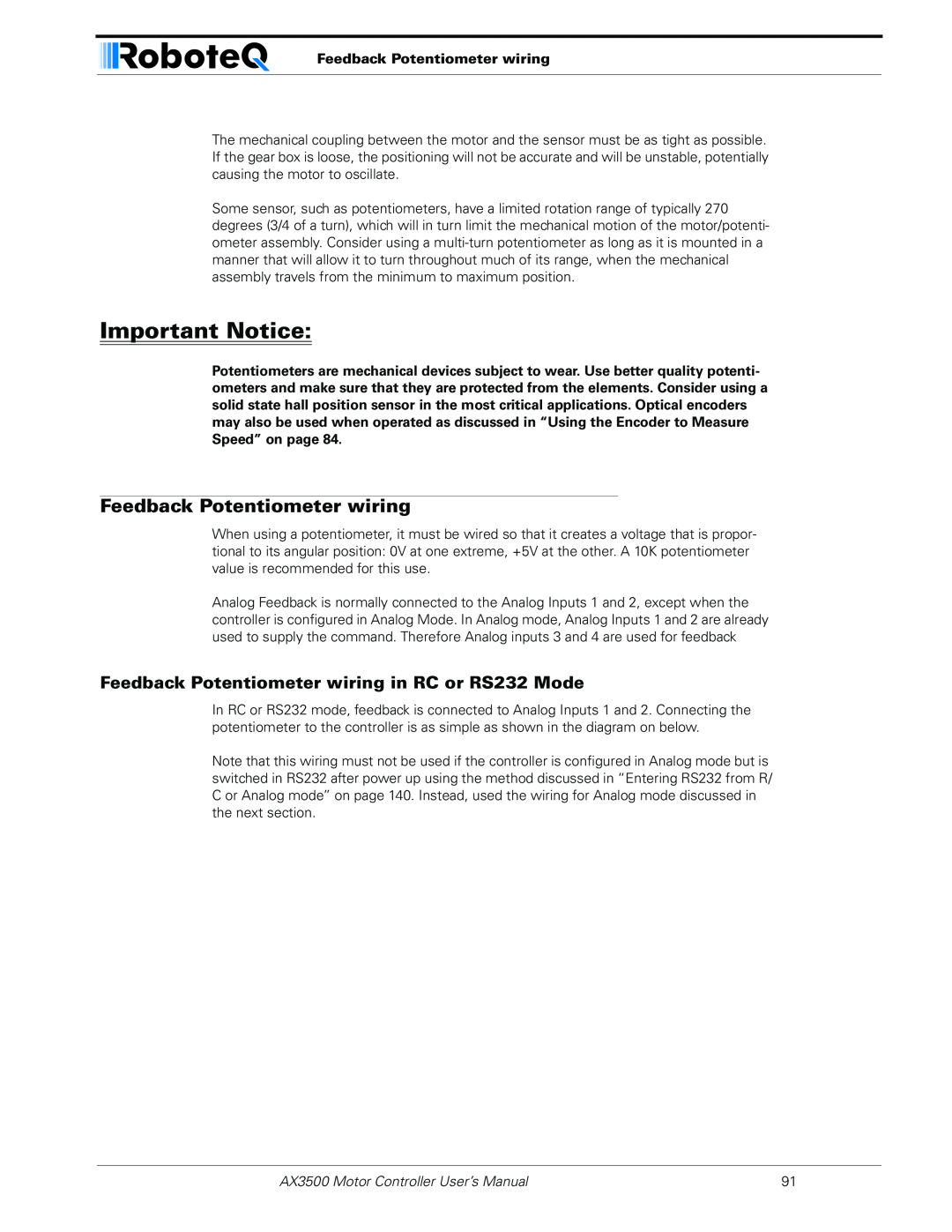 RoboteQ AX3500 user manual Feedback Potentiometer wiring in RC or RS232 Mode, Important Notice 