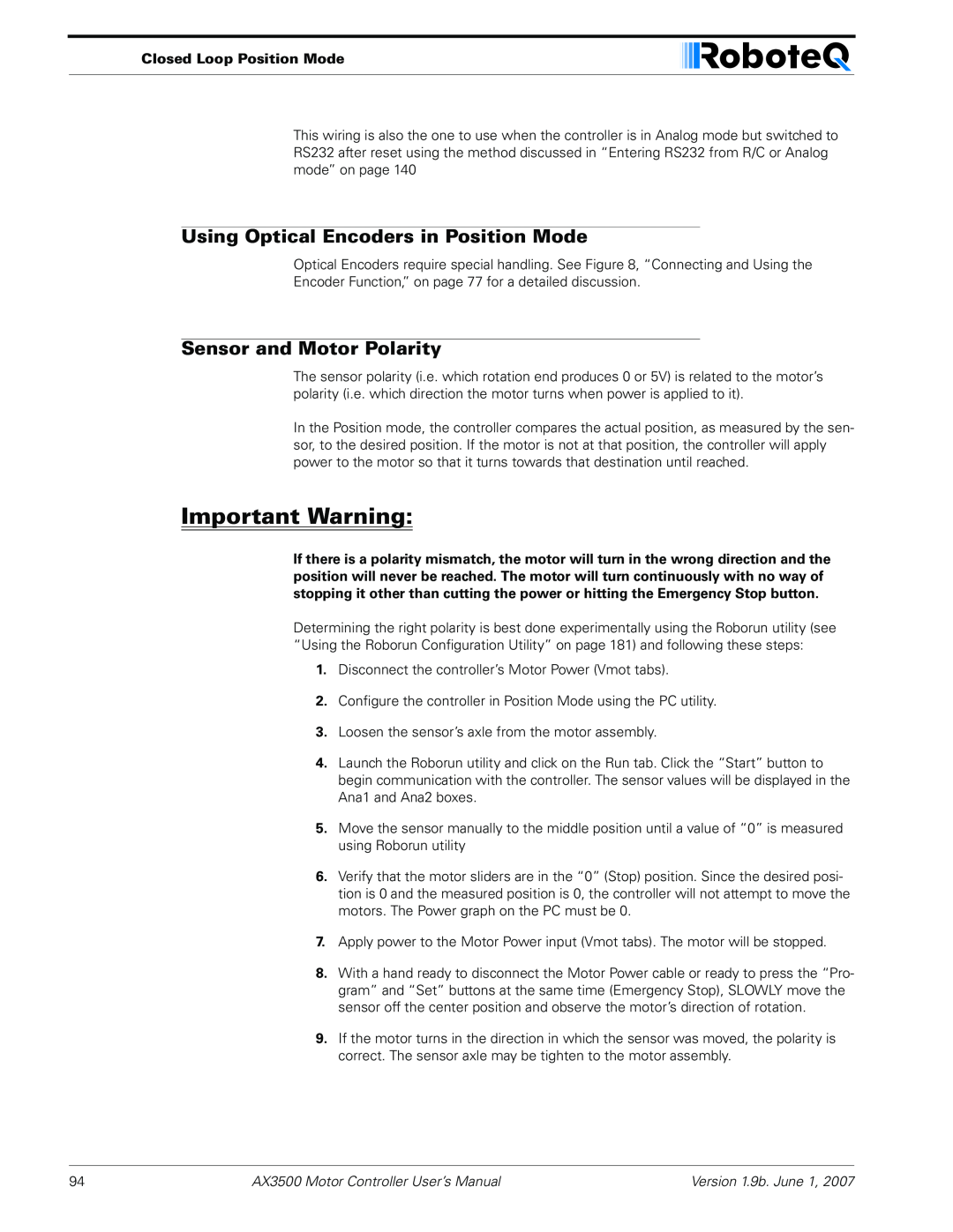 RoboteQ AX3500 user manual Using Optical Encoders in Position Mode, Sensor and Motor Polarity, Important Warning 