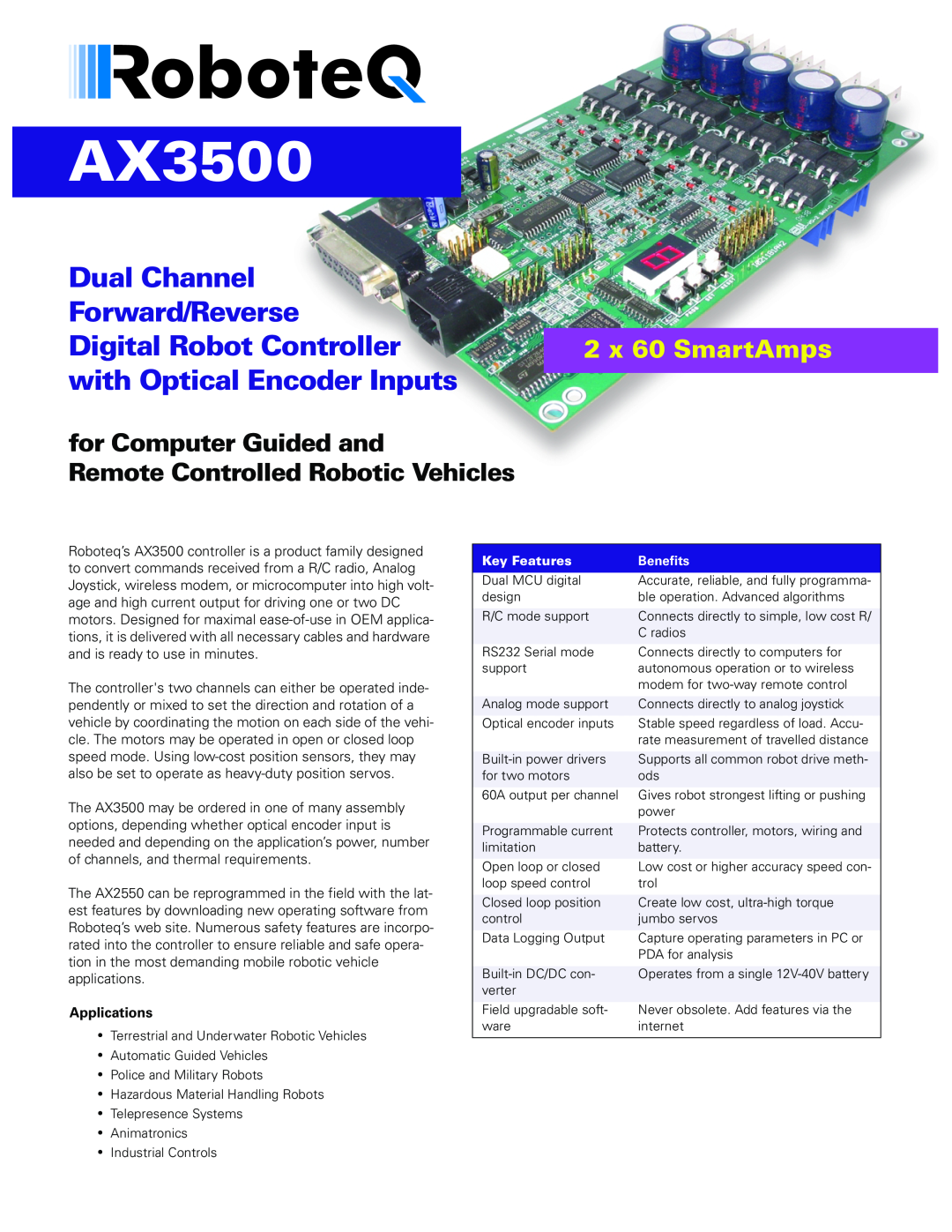 RoboteQ AX3500 user manual Dual Channel High Power Digital Motor Controller, User’s Manual 