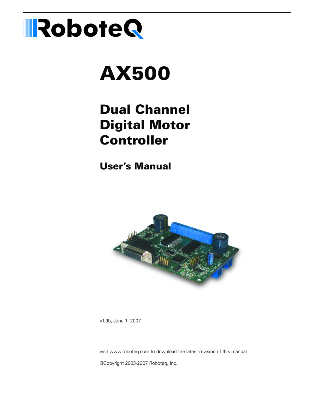 RoboteQ AX500 manual Dual Channel Digital Motor Controller 