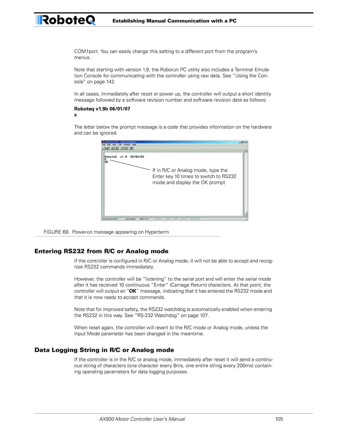 RoboteQ AX500 Entering RS232 from R/C or Analog mode, Data Logging String in R/C or Analog mode, Roboteq v1.9b 06/01/07 s 