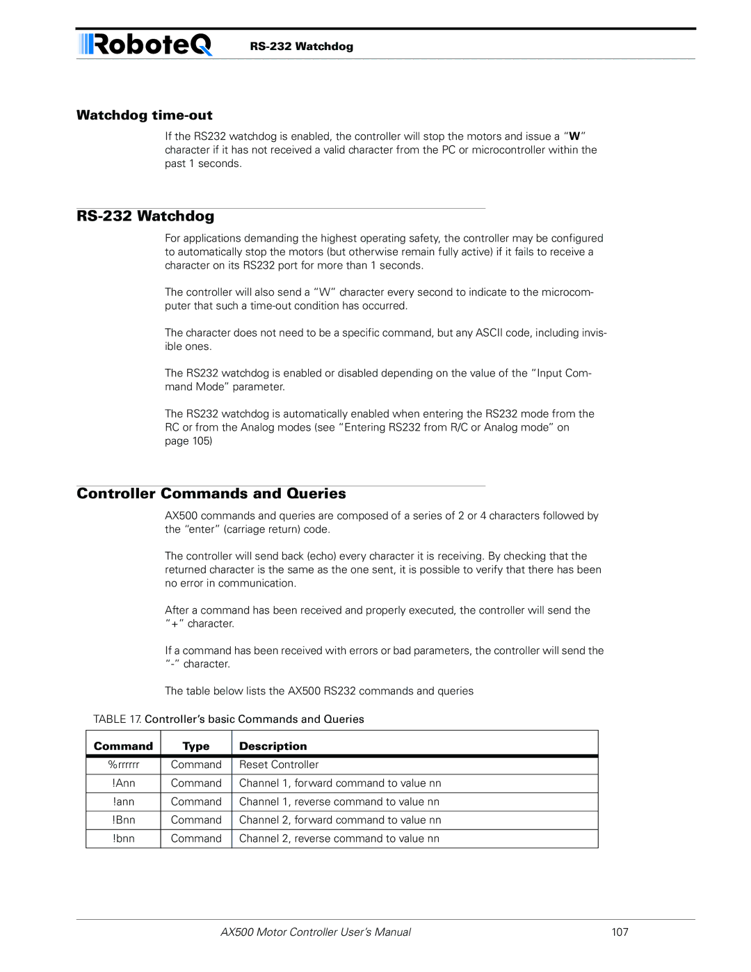 RoboteQ AX500 manual RS-232 Watchdog, Controller Commands and Queries, Watchdog time-out, Command Type Description 