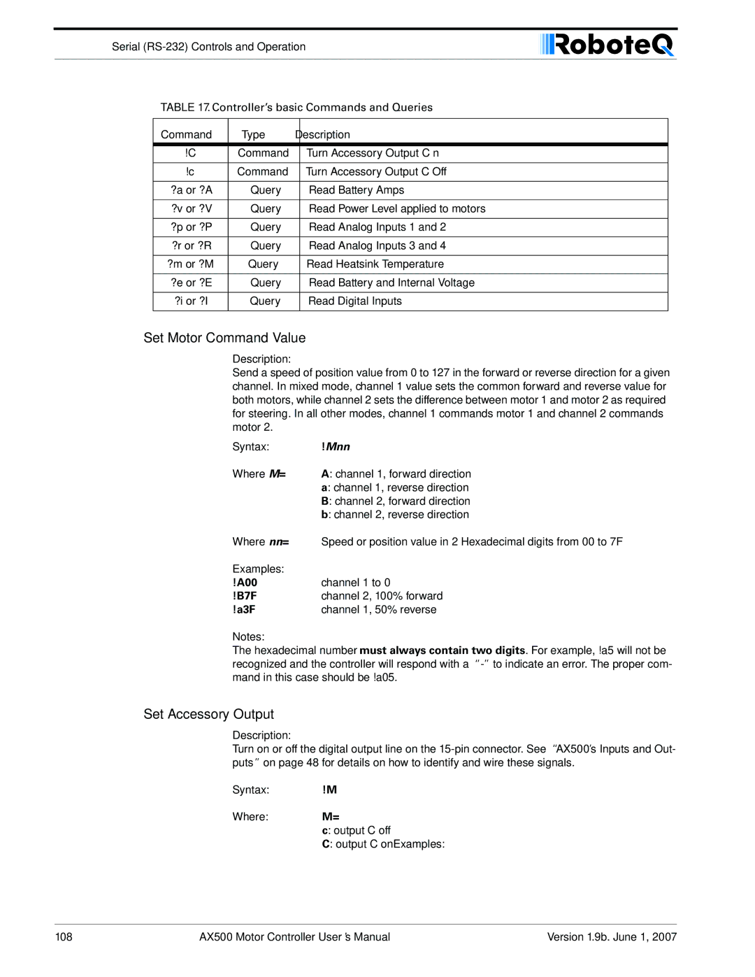 RoboteQ AX500 manual Set Motor Command Value, Set Accessory Output 