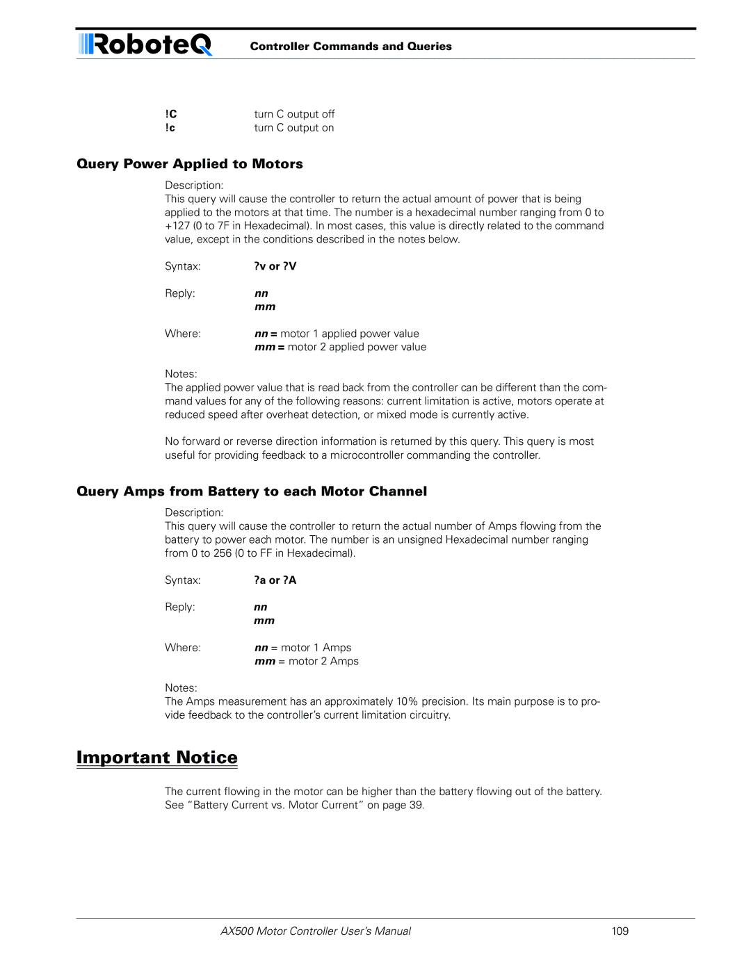 RoboteQ AX500 manual Query Power Applied to Motors, Query Amps from Battery to each Motor Channel, Syntax 