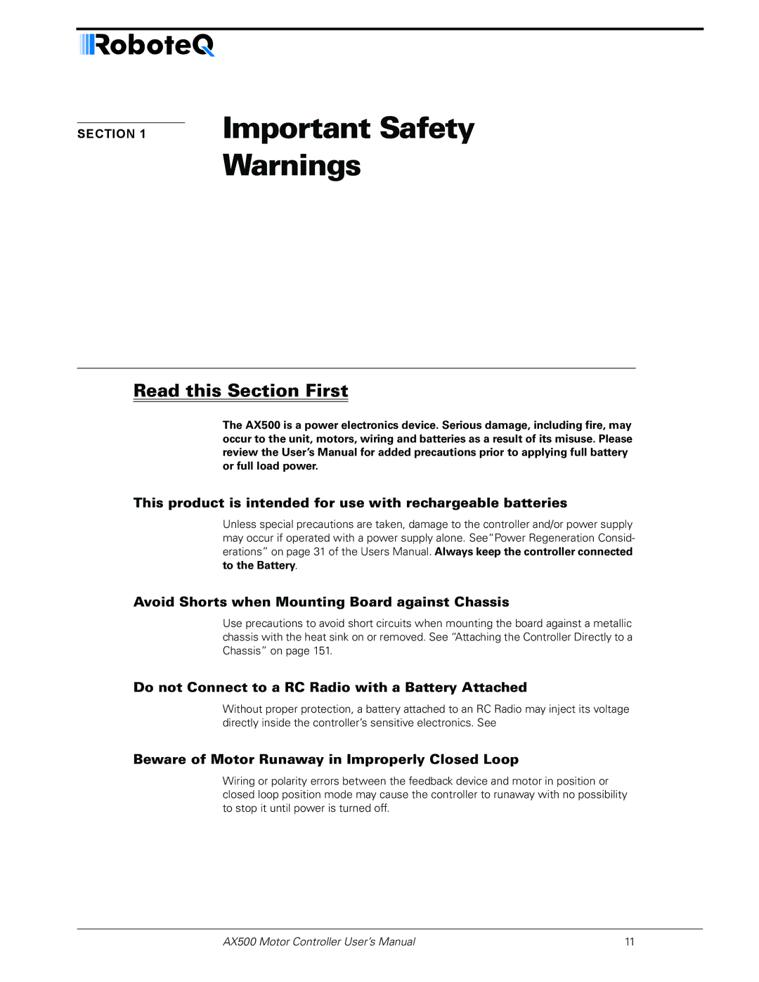 RoboteQ AX500 manual Important Safety, Avoid Shorts when Mounting Board against Chassis, To the Battery 