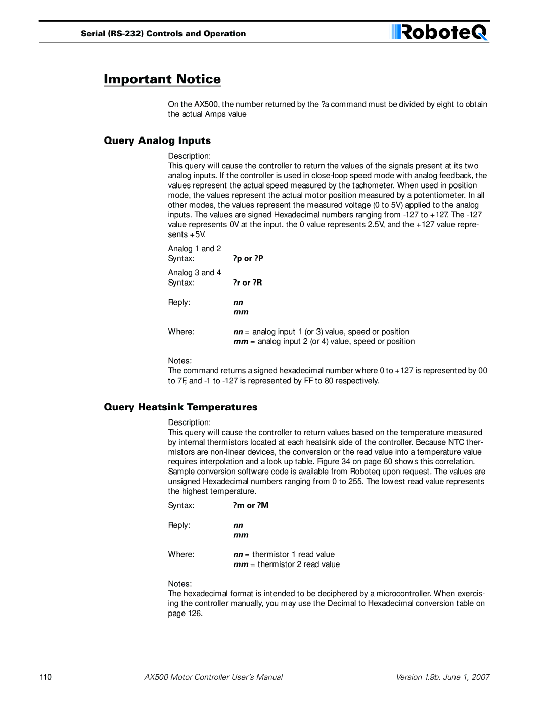 RoboteQ AX500 manual Query Analog Inputs, Query Heatsink Temperatures, ?r or ?R, ?m or ?M 
