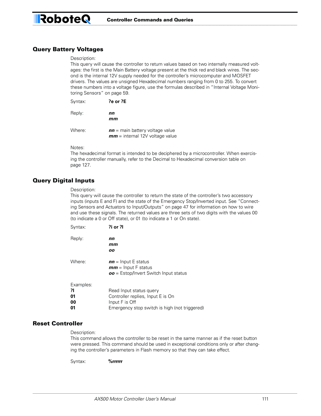 RoboteQ AX500 manual Query Battery Voltages, Query Digital Inputs, Reset Controller, Controller Commands and Queries 