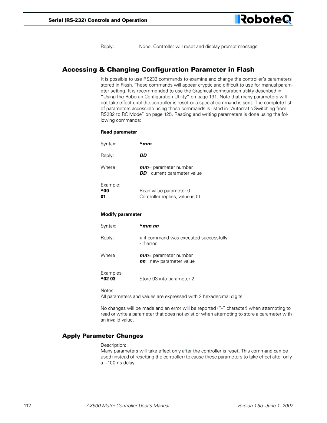 RoboteQ AX500 manual Accessing & Changing Configuration Parameter in Flash, Apply Parameter Changes, Read parameter 