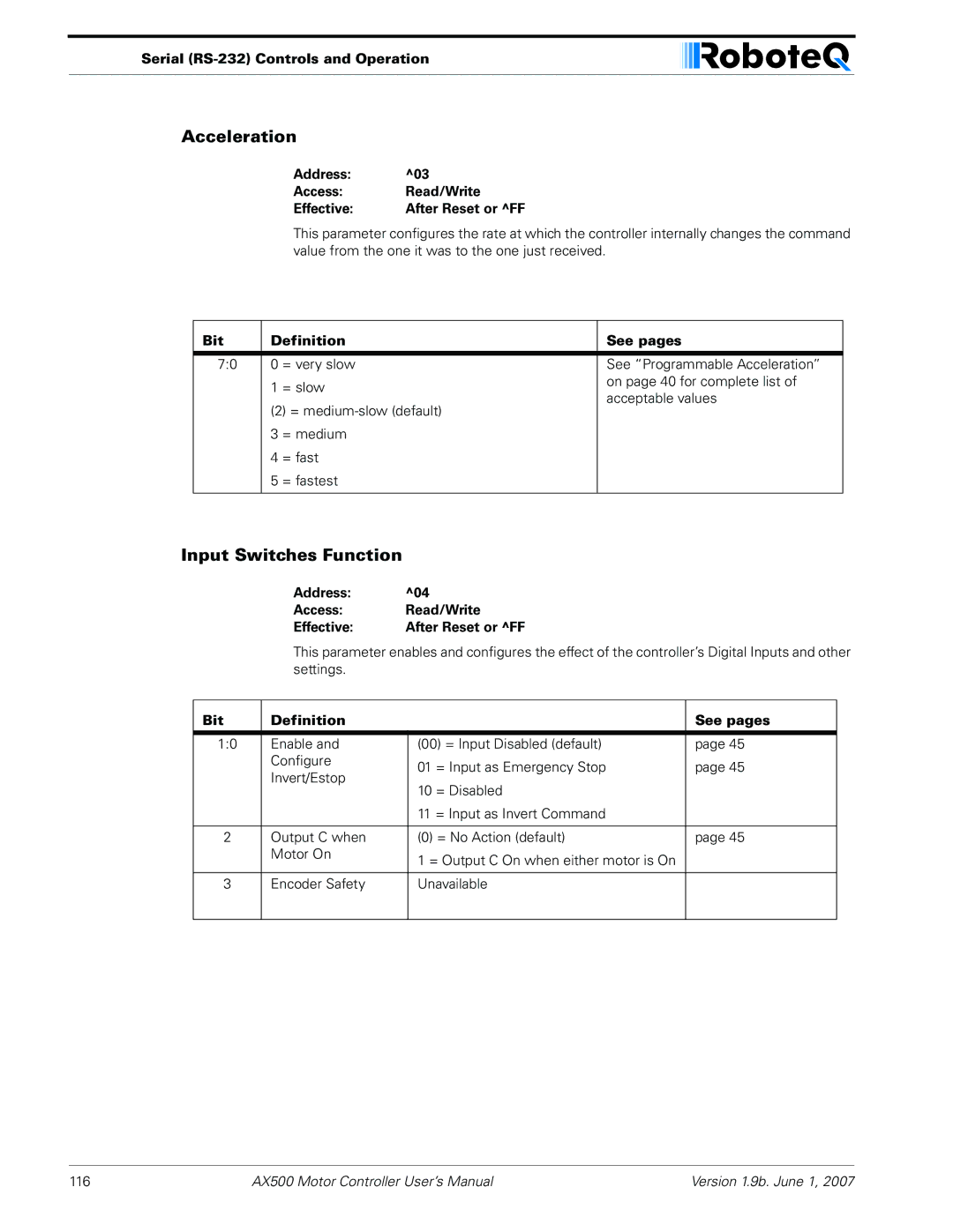 RoboteQ AX500 manual Acceleration, Input Switches Function 