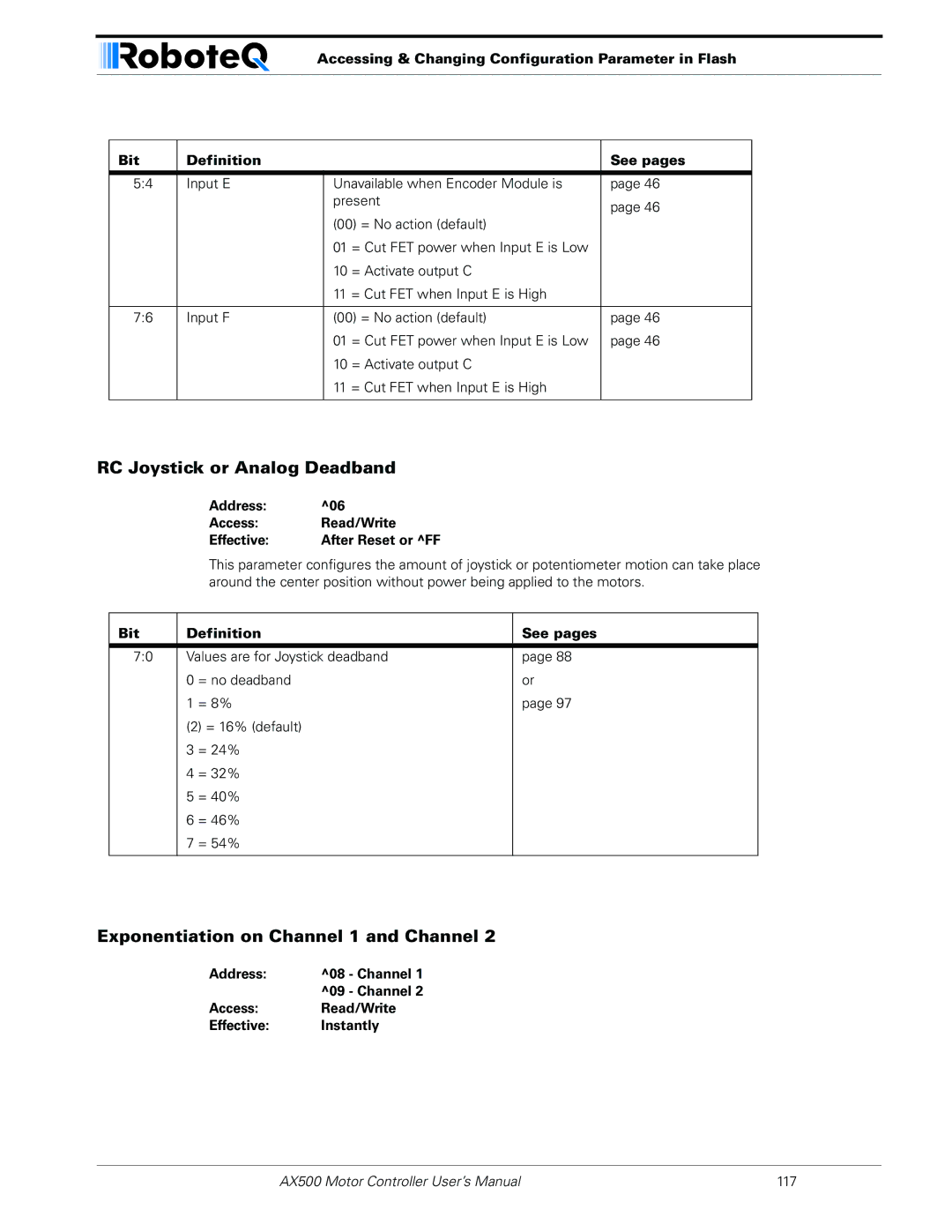 RoboteQ AX500 manual RC Joystick or Analog Deadband, Exponentiation on Channel 1 and Channel 