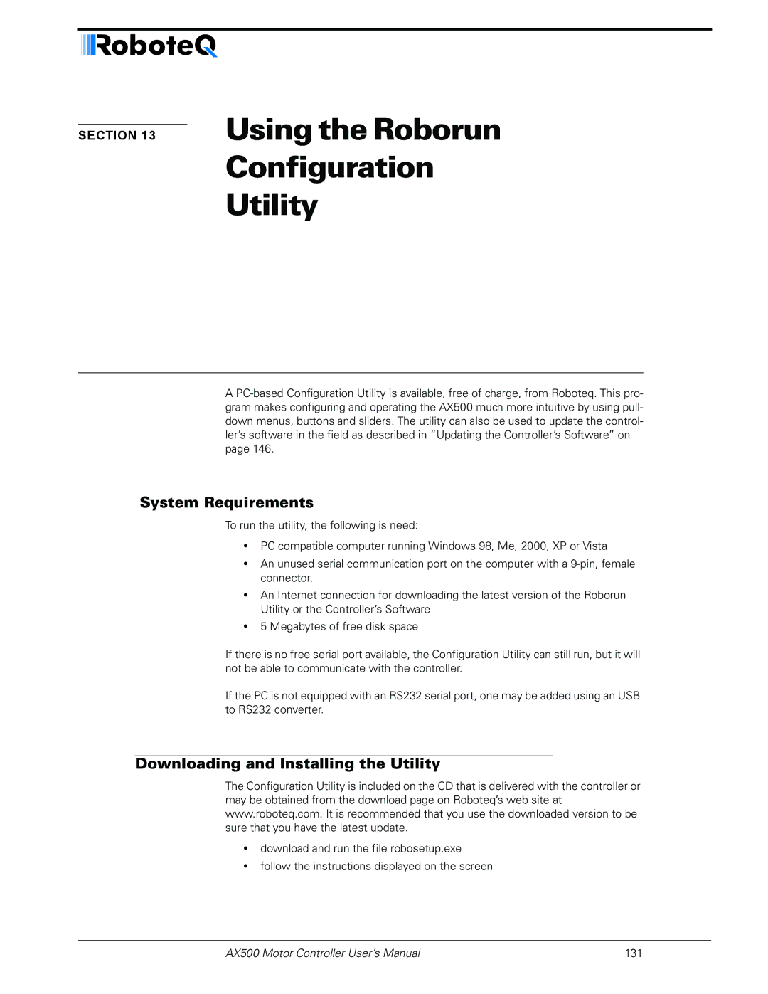 RoboteQ AX500 manual Using the Roborun Configuration Utility, System Requirements, Downloading and Installing the Utility 