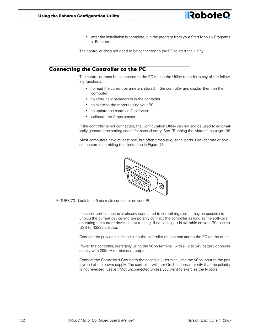 RoboteQ AX500 manual Connecting the Controller to the PC, Using the Roborun Configuration Utility 