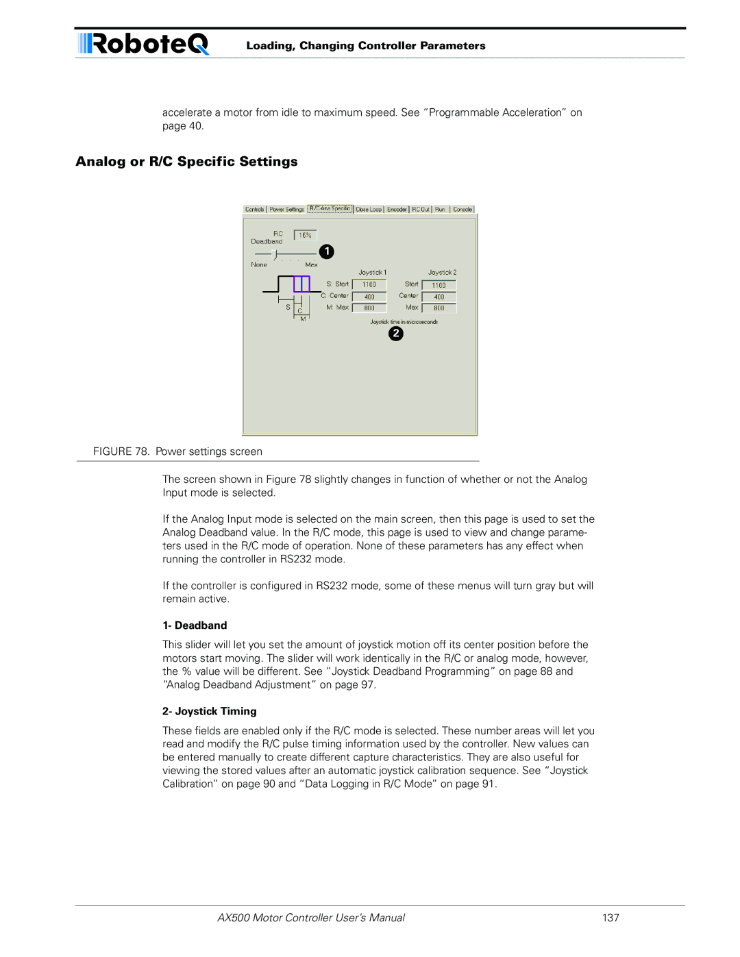 RoboteQ AX500 manual Analog or R/C Specific Settings, Deadband, Joystick Timing 