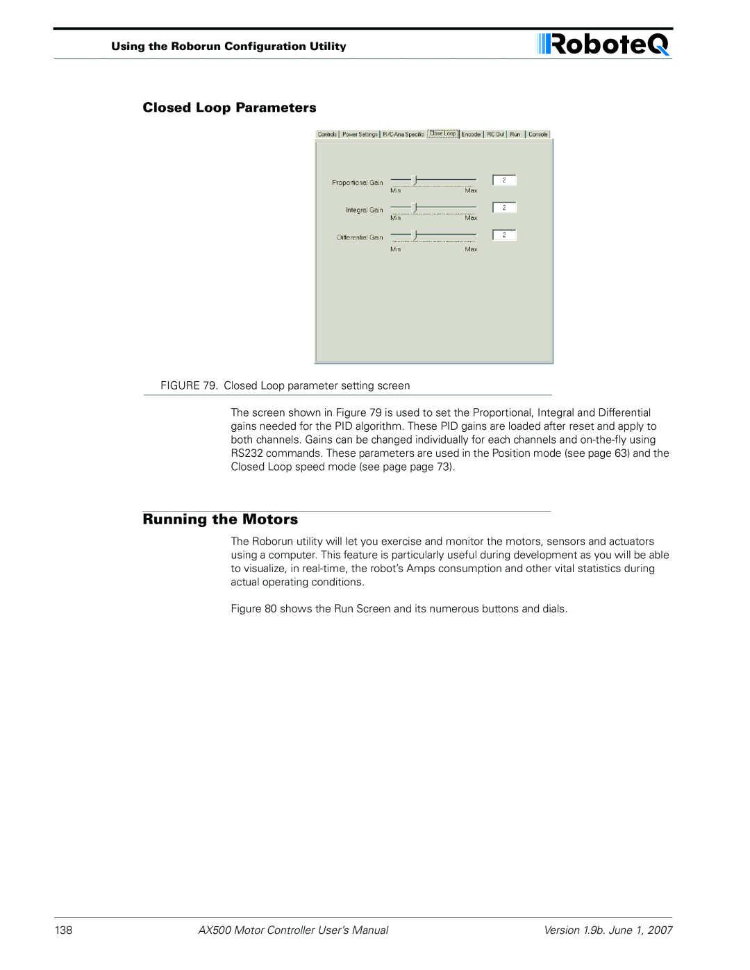 RoboteQ AX500 manual Running the Motors, Closed Loop Parameters 