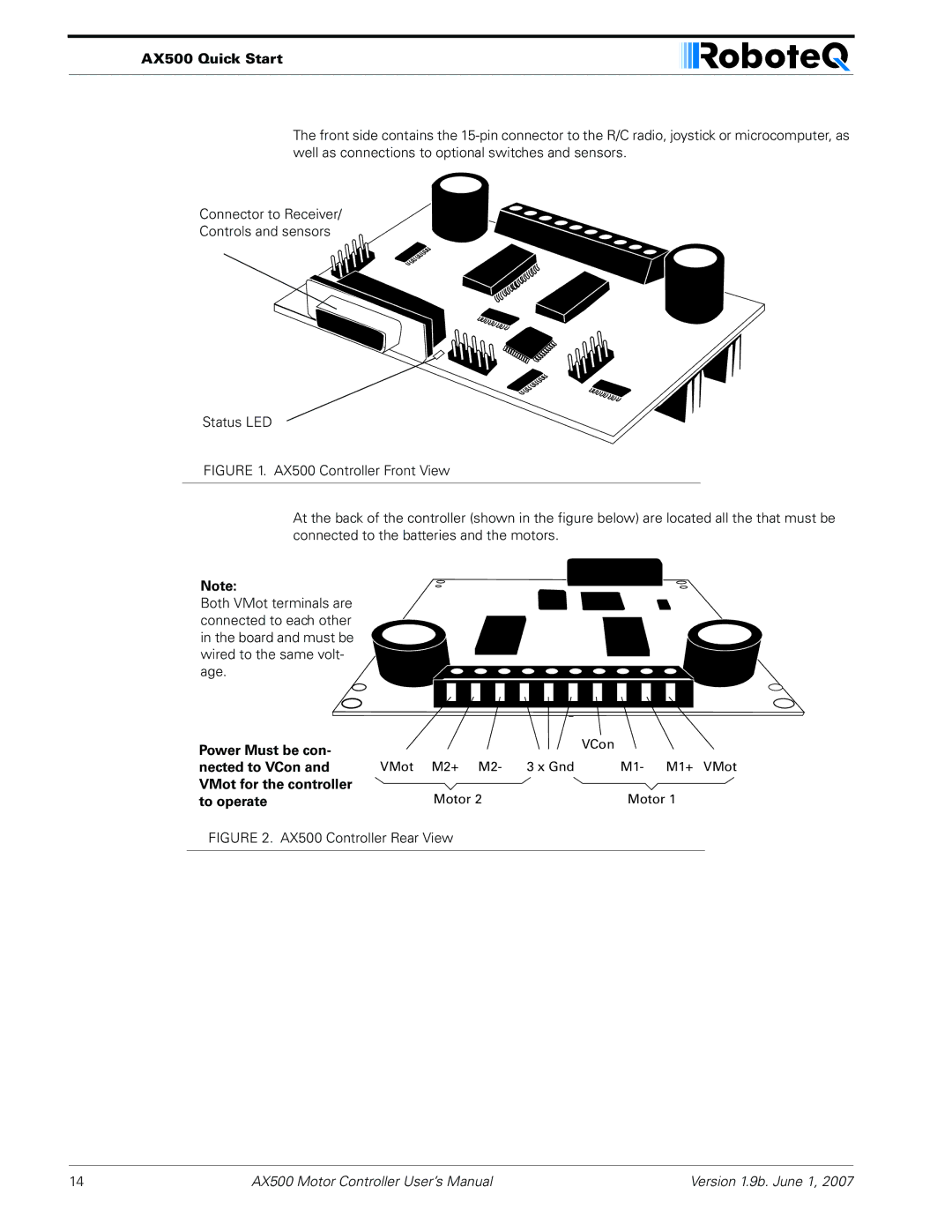 RoboteQ manual AX500 Quick Start, Power Must be con, Nected to VCon, VMot for the controller, To operate 