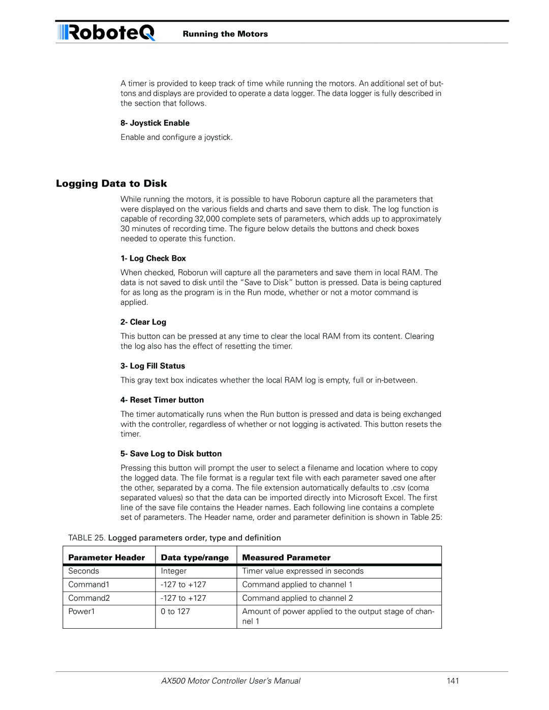 RoboteQ AX500 manual Logging Data to Disk 