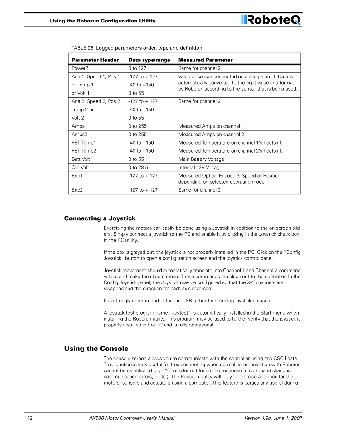 RoboteQ AX500 manual Using the Console, Connecting a Joystick 