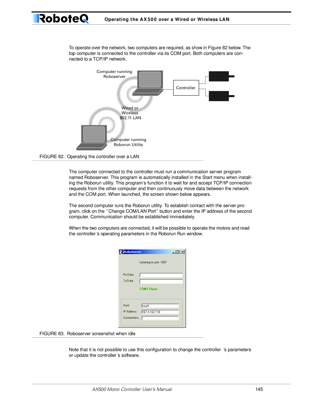 RoboteQ manual Operating the AX500 over a Wired or Wireless LAN, Roboserver screenshot when idle 