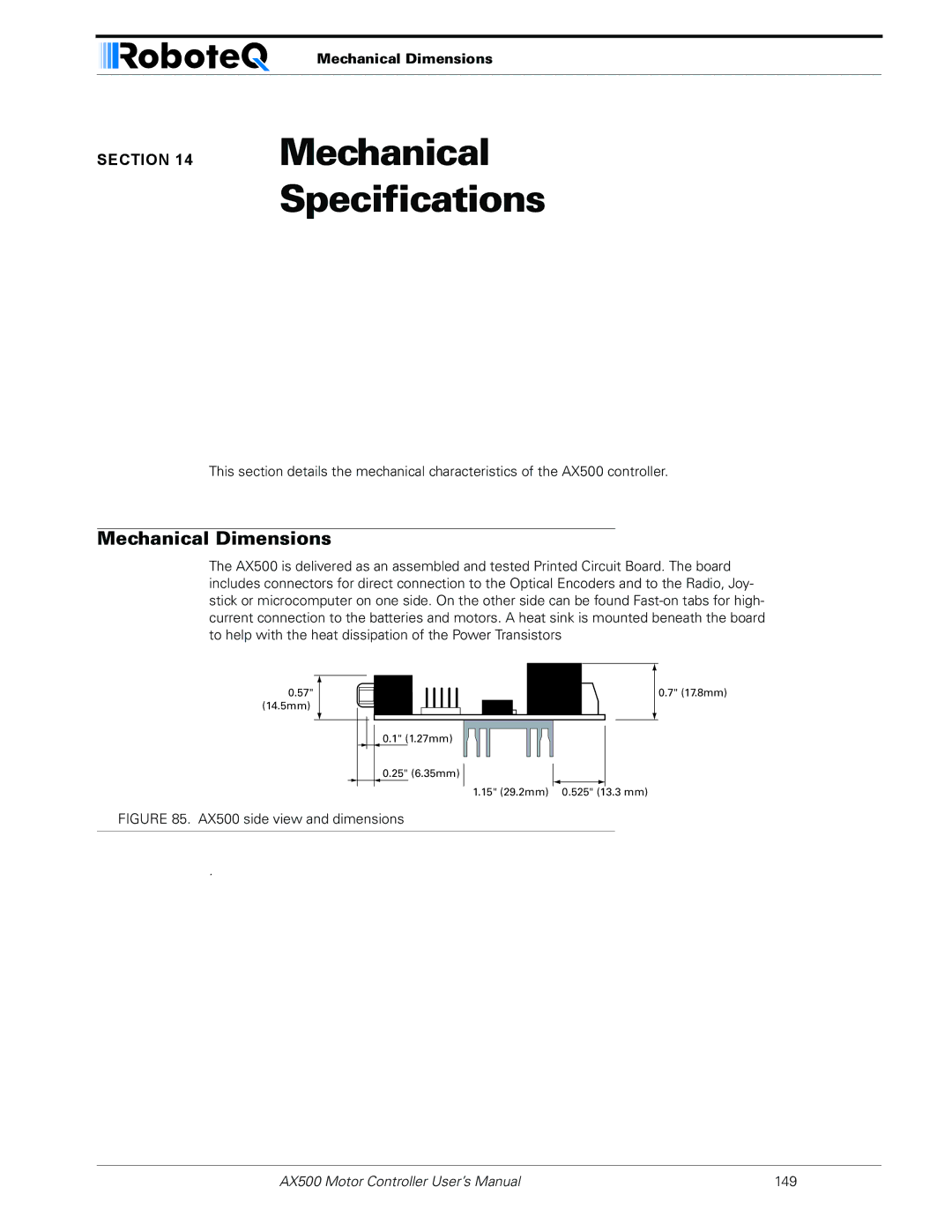 RoboteQ AX500 manual Mechanical Specifications, Mechanical Dimensions 