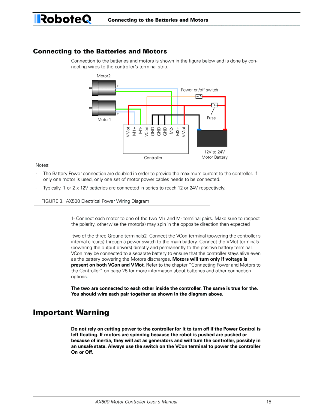 RoboteQ AX500 manual Connecting to the Batteries and Motors 