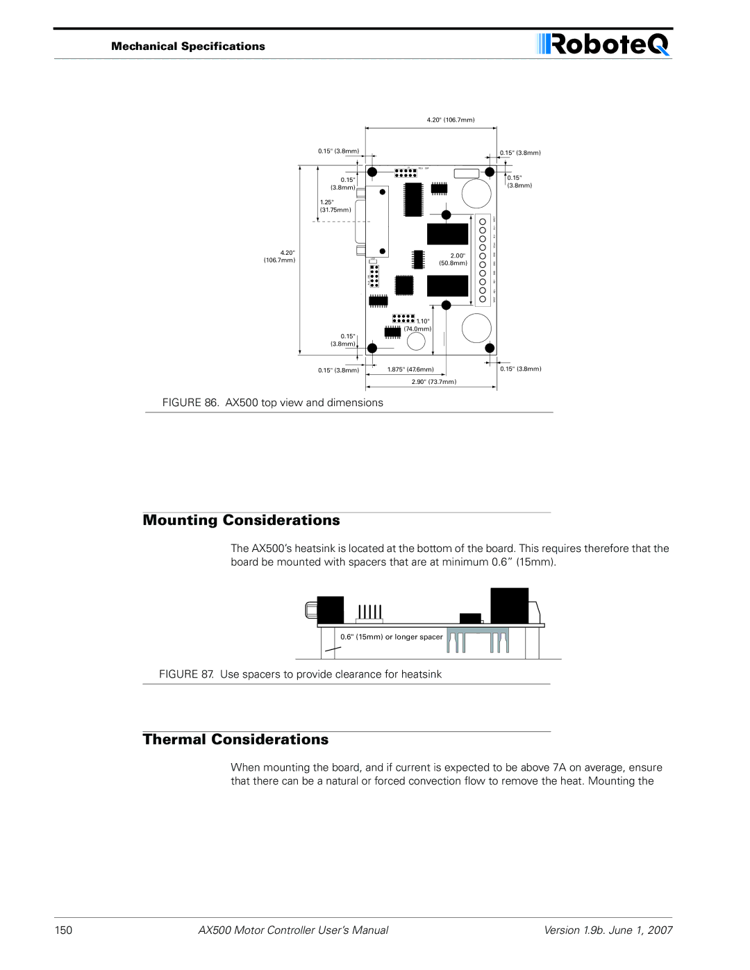 RoboteQ AX500 manual Mounting Considerations, Thermal Considerations, Mechanical Specifications 