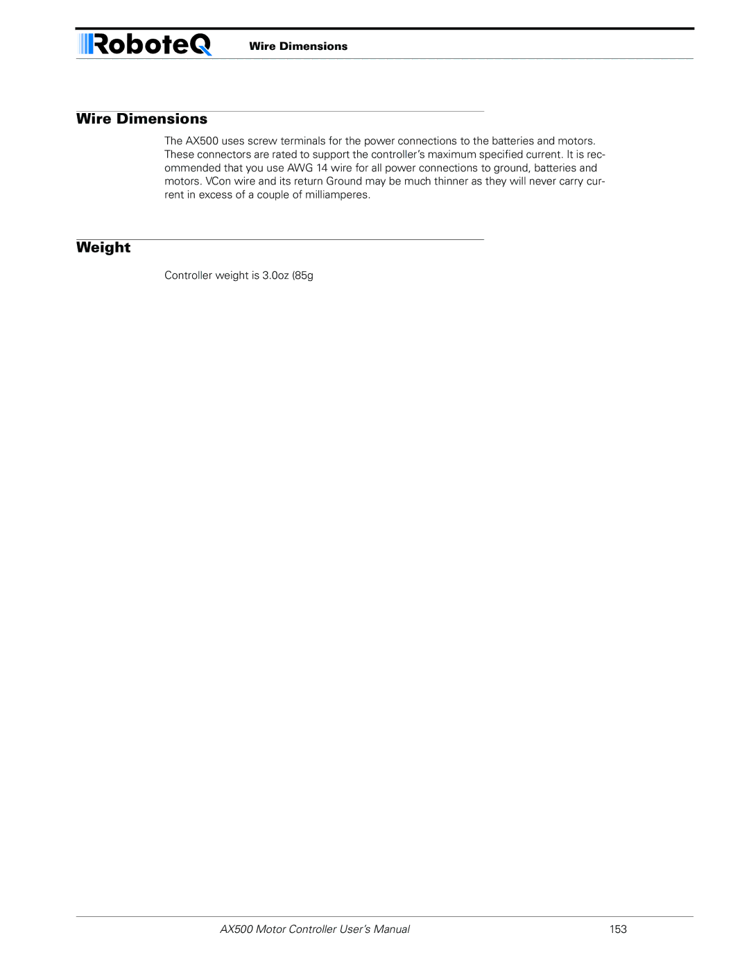 RoboteQ AX500 manual Wire Dimensions, Weight 