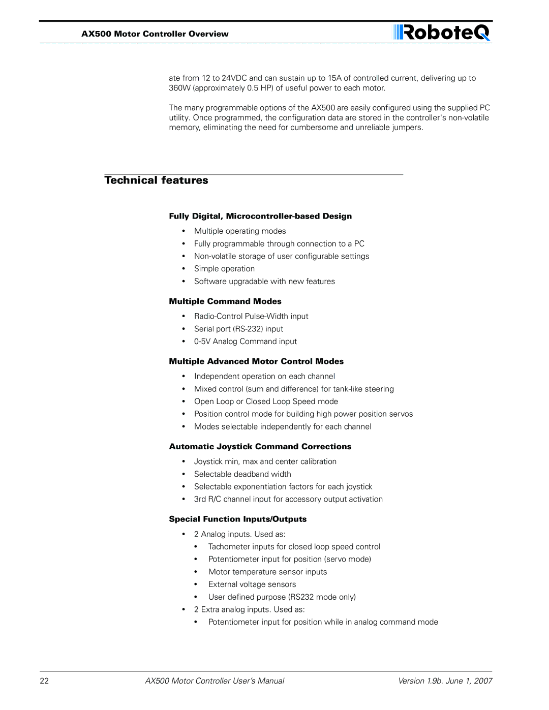 RoboteQ AX500 manual Technical features 